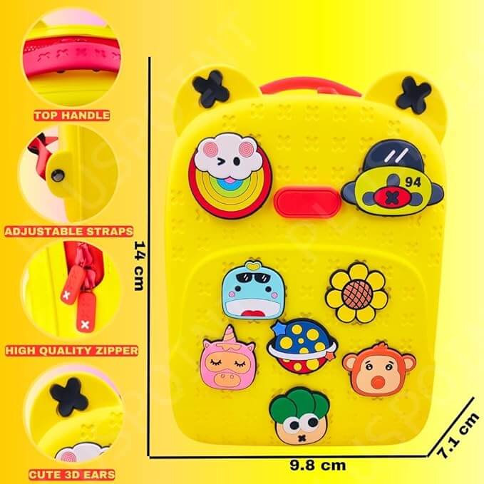Front view of a fun, customizable silicone waterproof school bag for children, featuring a vibrant yellow color and various playful detachable badges like a rainbow, sun, and animals, ideal for kindergarten or primary school students from Usmile Toys.www.usmile toys